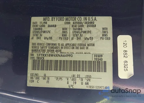 1999 Ford F150 z USA, uszkodzony, nr VIN 1FTRX18W4XNA64993